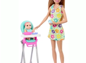 ست عروسک باربی پرستار بچه و صندلی غذا